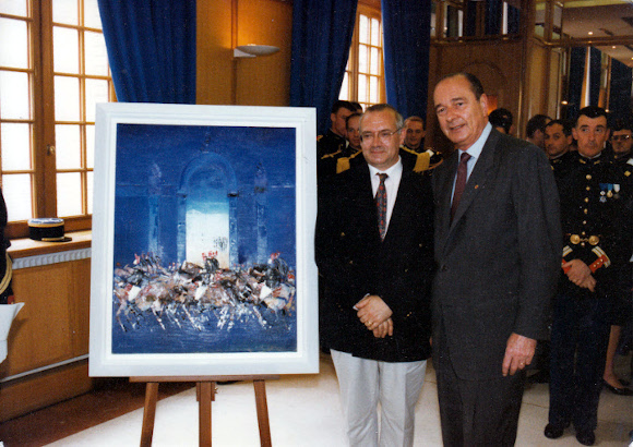 Dominique William Leduc et Jacques Chirac devant le tableau offert au Président de la République